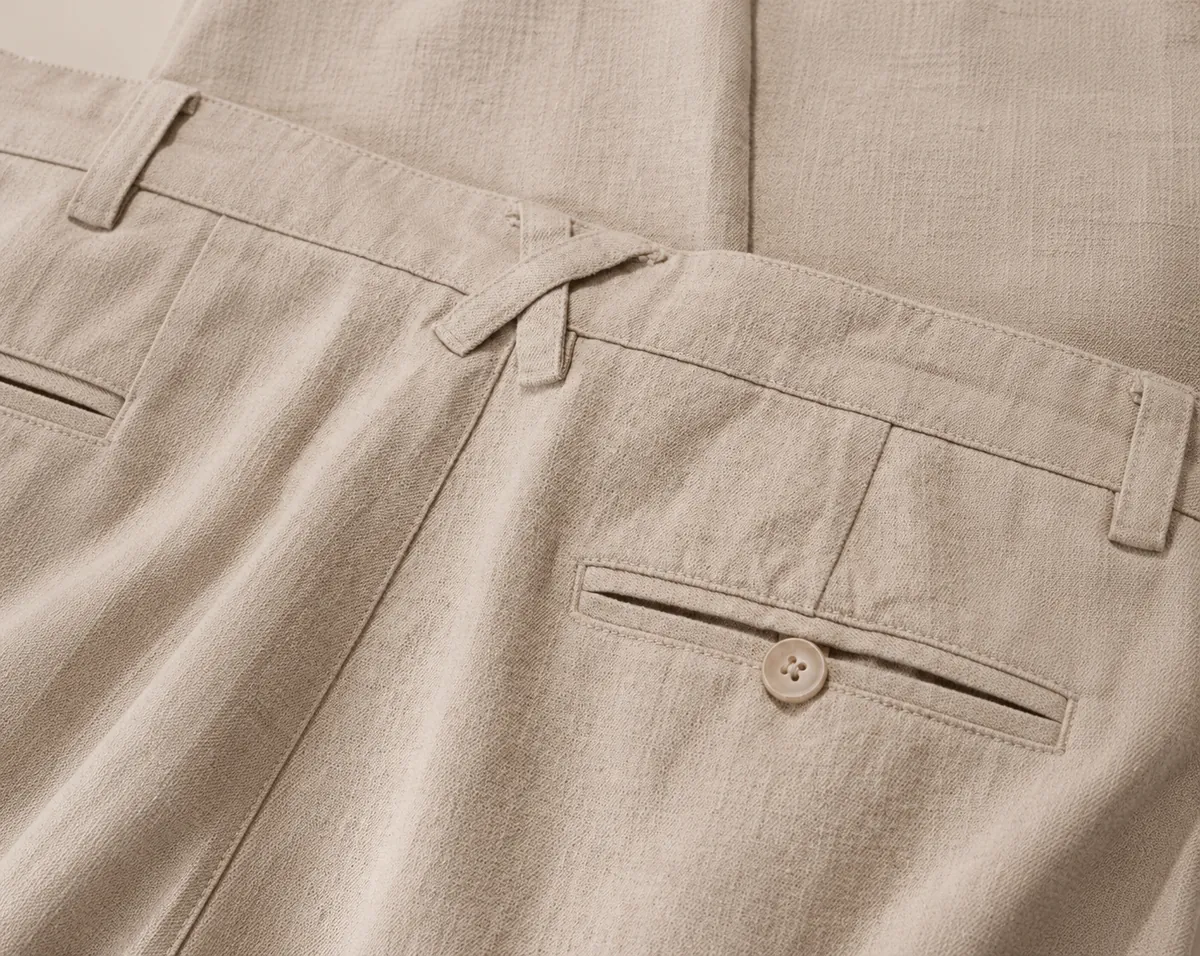 Detail of tailored linen trousers, waistband and welt pocket